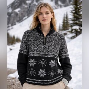 Pendleton Originals Nordic Snowflake Quarter Zip Sweater Wool Blend Black Gray L